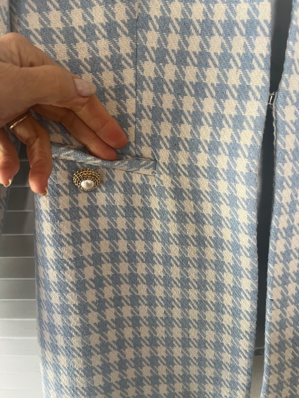 Zara Light Blue & White Houndstooth Collarless Blazer - Picture 8 of 14